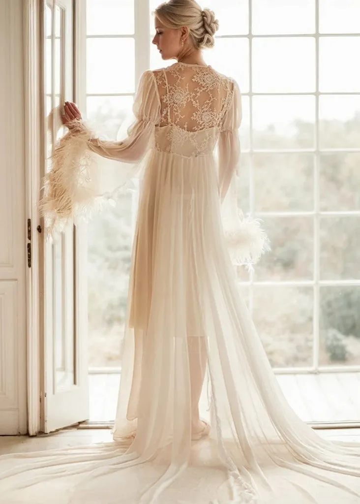 Ethereal Lace & Feather-Trimmed Sheer Bridal Robe – Vintage Luxury Loungewear