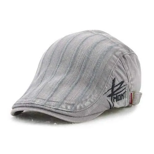 Fall Vertical Stripe and Letter Embroidery Cabbie Hat - Gray