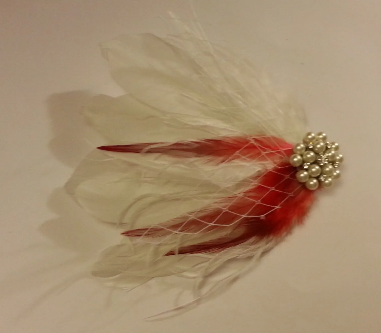 Feather Fascinator Red  White Feather Hair clip, Womens Hair Feather hair clip Bridal hair piece Bridal Bridesmaids Feather fascinator