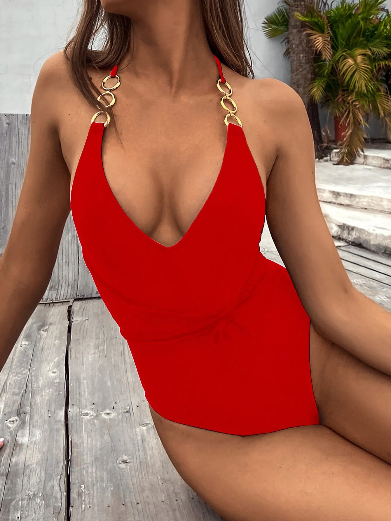Female One-Piece Swimsuit Solid Color Sexy Bikini