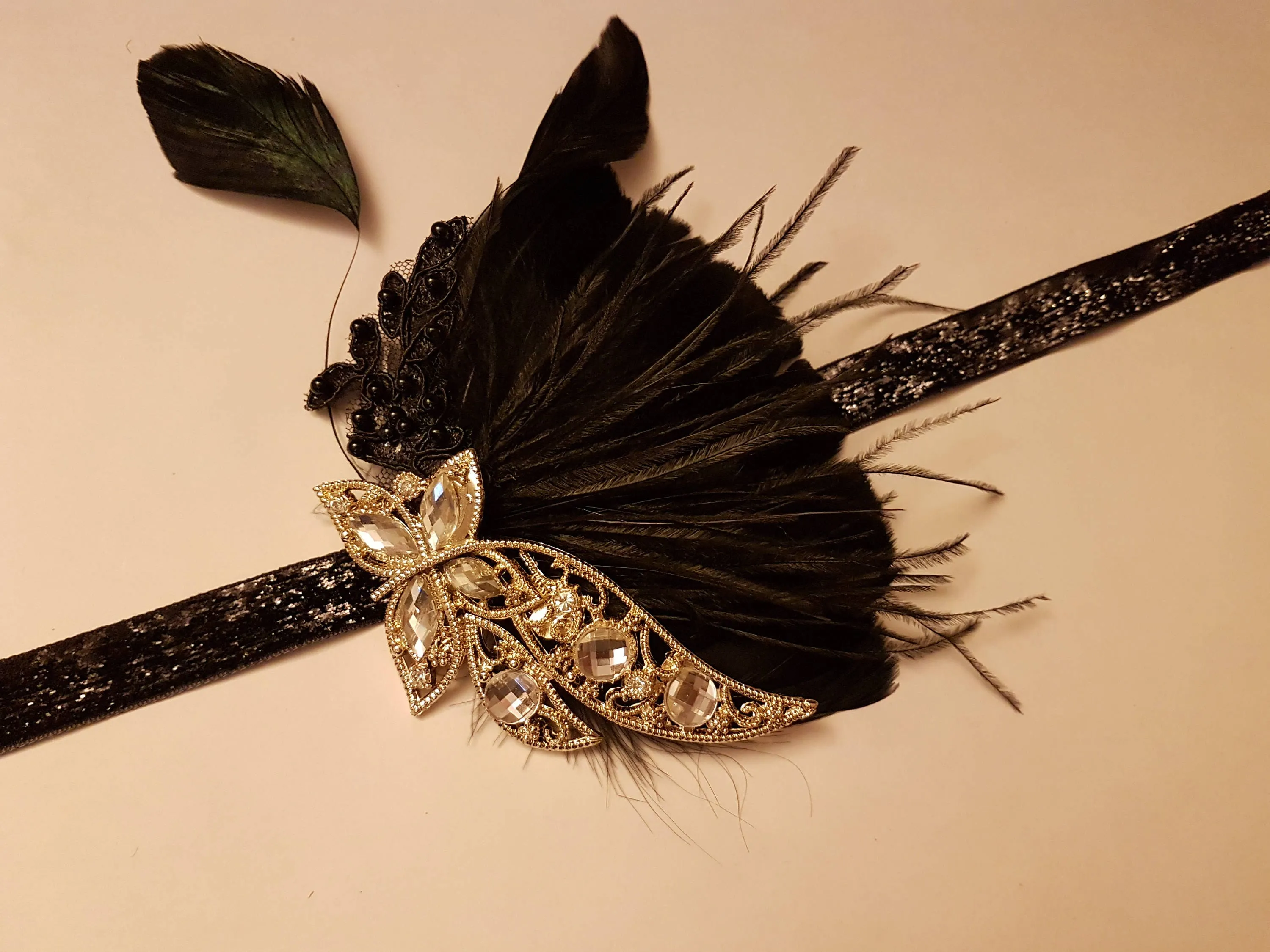 Gatsby Headband, 1920s Flapper Headpiece, 1920s 40s  boho headband, Black, Blue,Clear,Pink,Purple,Champagne Crystal Gatsby Feather Headband
