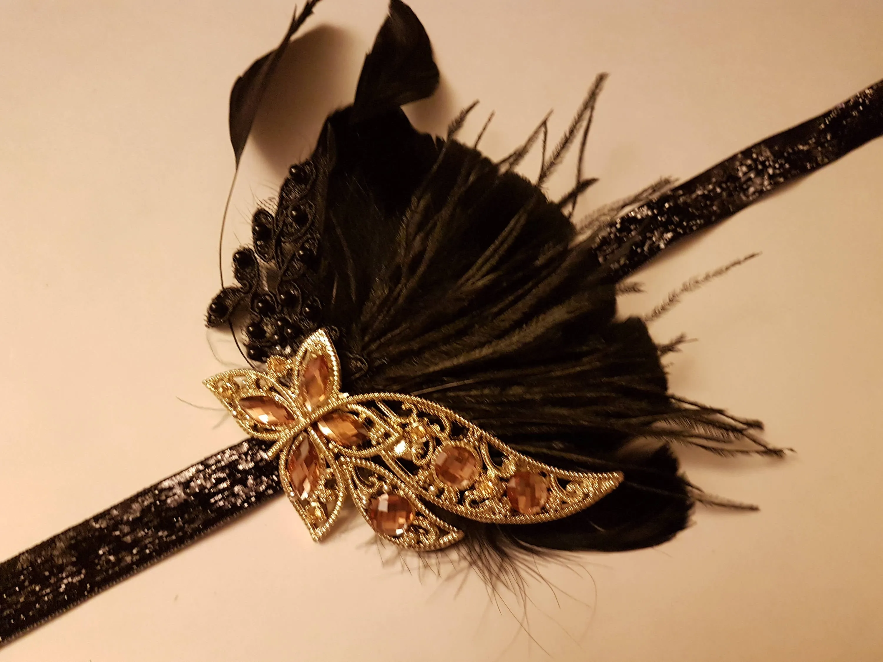 Gatsby Headband, 1920s Flapper Headpiece, 1920s 40s  boho headband, Black, Blue,Clear,Pink,Purple,Champagne Crystal Gatsby Feather Headband