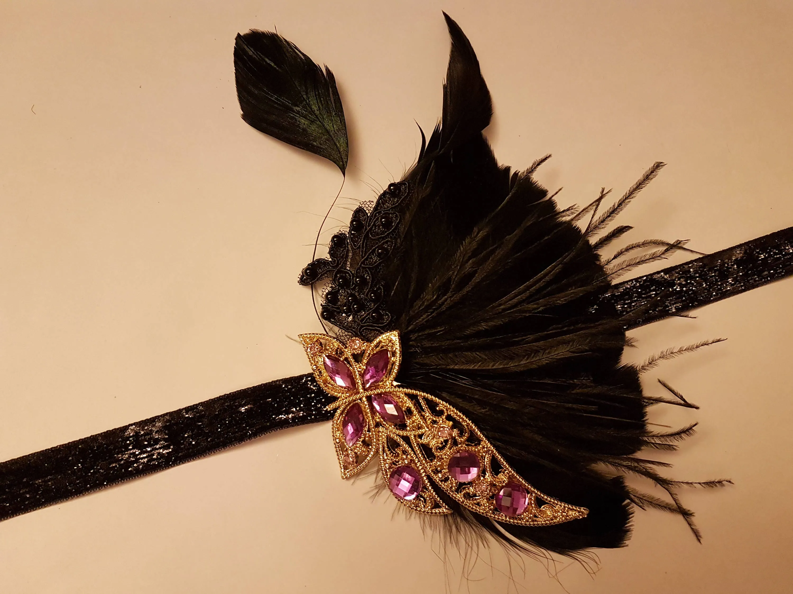 Gatsby Headband, 1920s Flapper Headpiece, 1920s 40s  boho headband, Black, Blue,Clear,Pink,Purple,Champagne Crystal Gatsby Feather Headband
