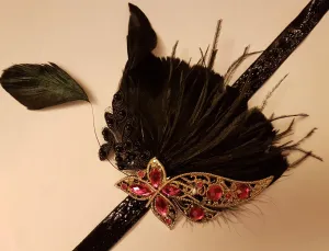 Gatsby Headband, 1920s Flapper Headpiece, 1920s 40s  boho headband, Black, Blue,Clear,Pink,Purple,Champagne Crystal Gatsby Feather Headband