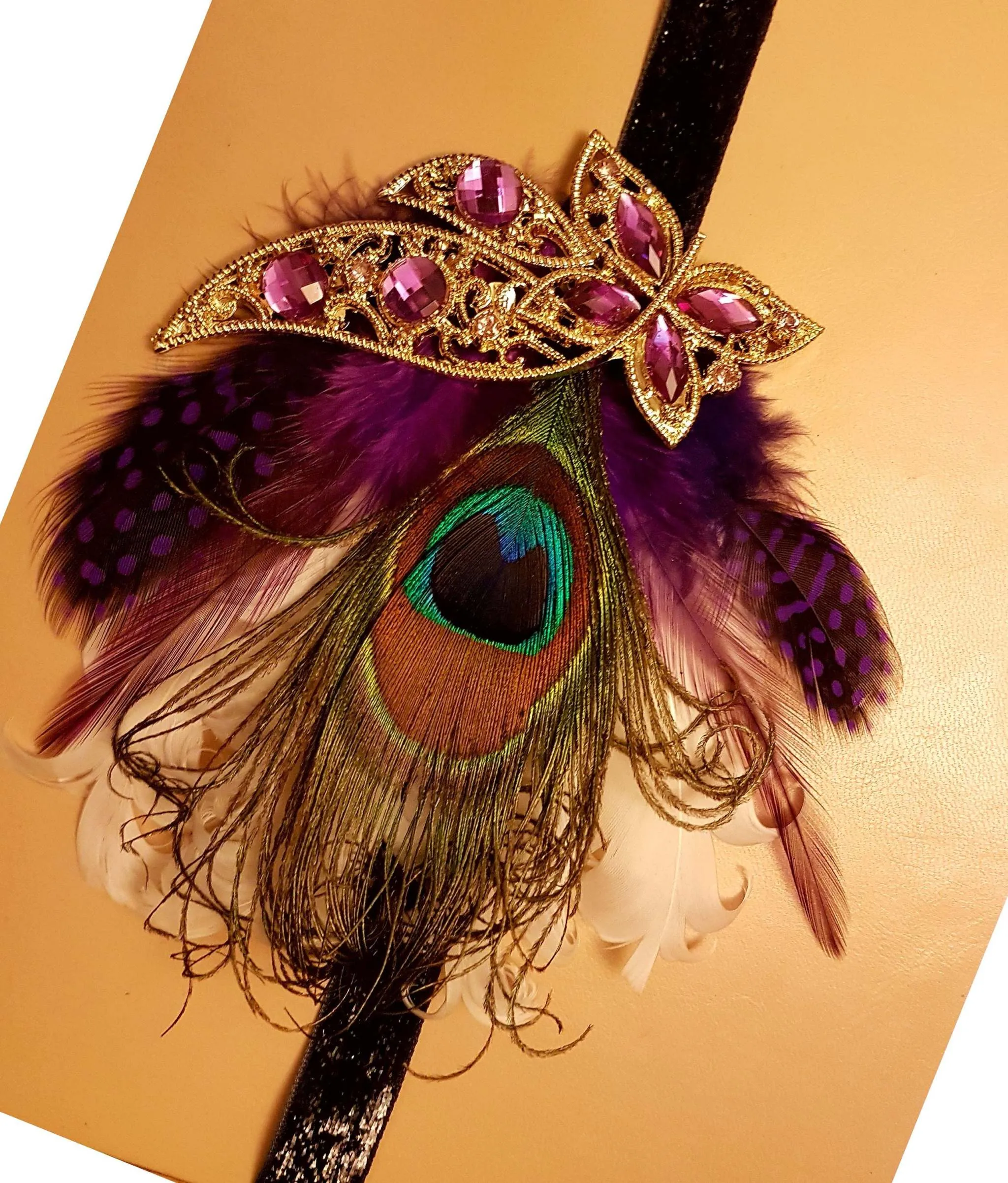 Gatsby  Headband, Peacock feather Headband #1920s Flapper Headpiece Bridal wedding fascinator, Purple feather and crystal  boho headband