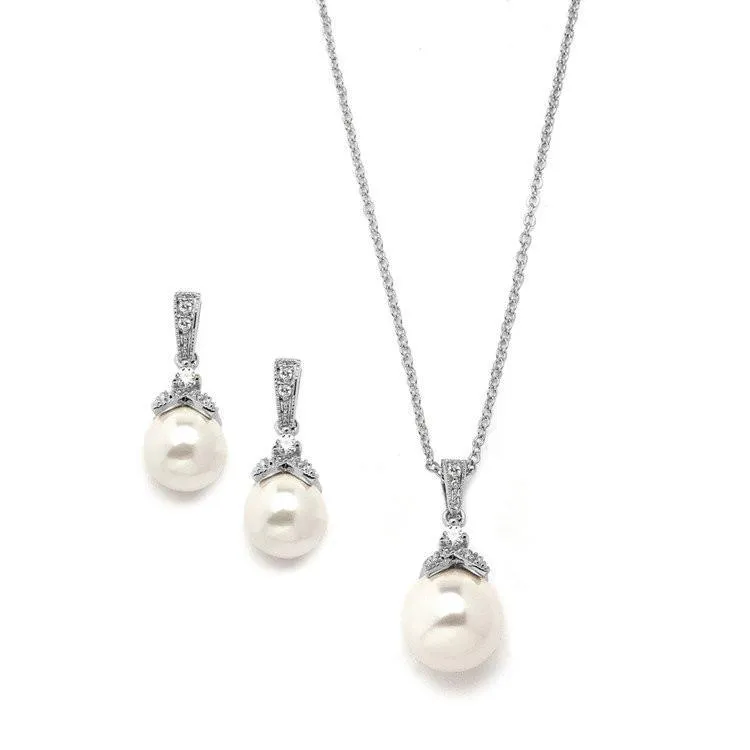 Gatsby Pearl & Cubic Zirconia Pendant Necklace & Earring Set