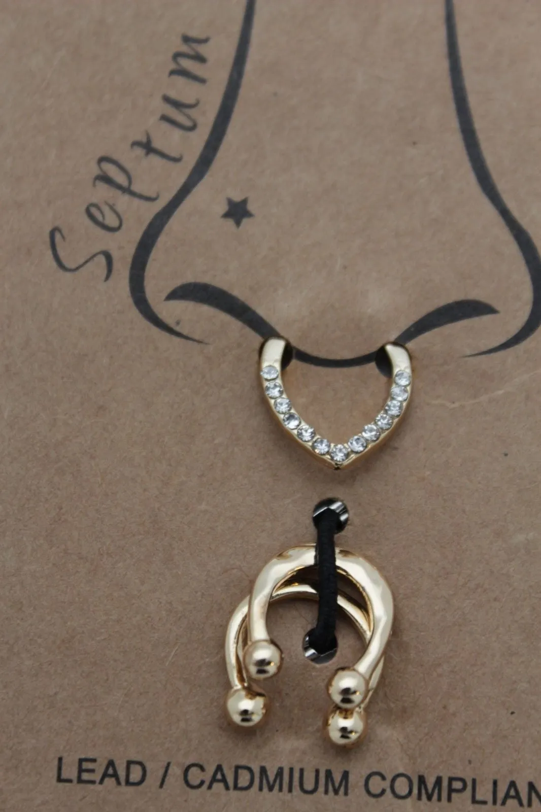 Gold Metal 3 Nose Ring Septum None Piercing Silver Rhinestones
