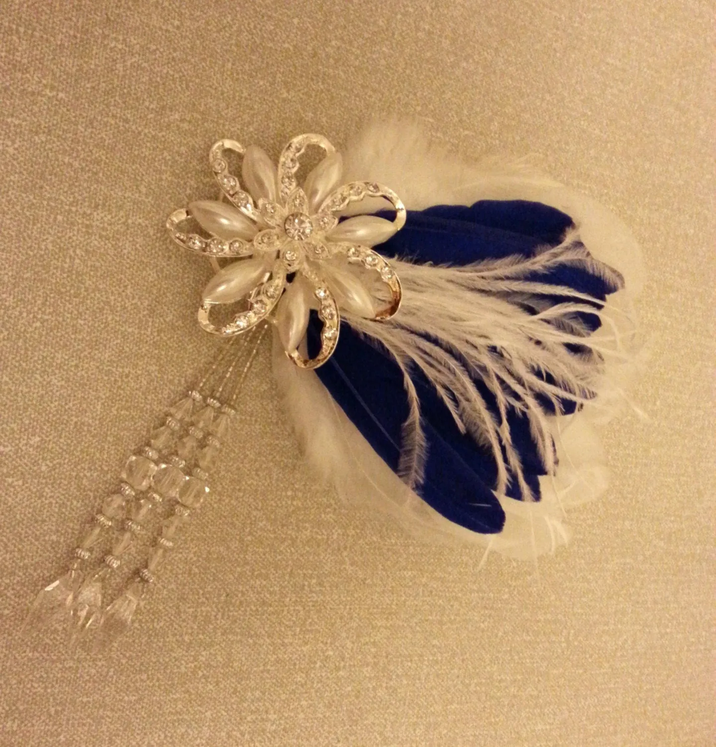 Great Gatsby Dress Headband Flapper Dress fascinator Headpiece  1920 Headband  White and Blue feather Fascinator with Sparkly embellishment