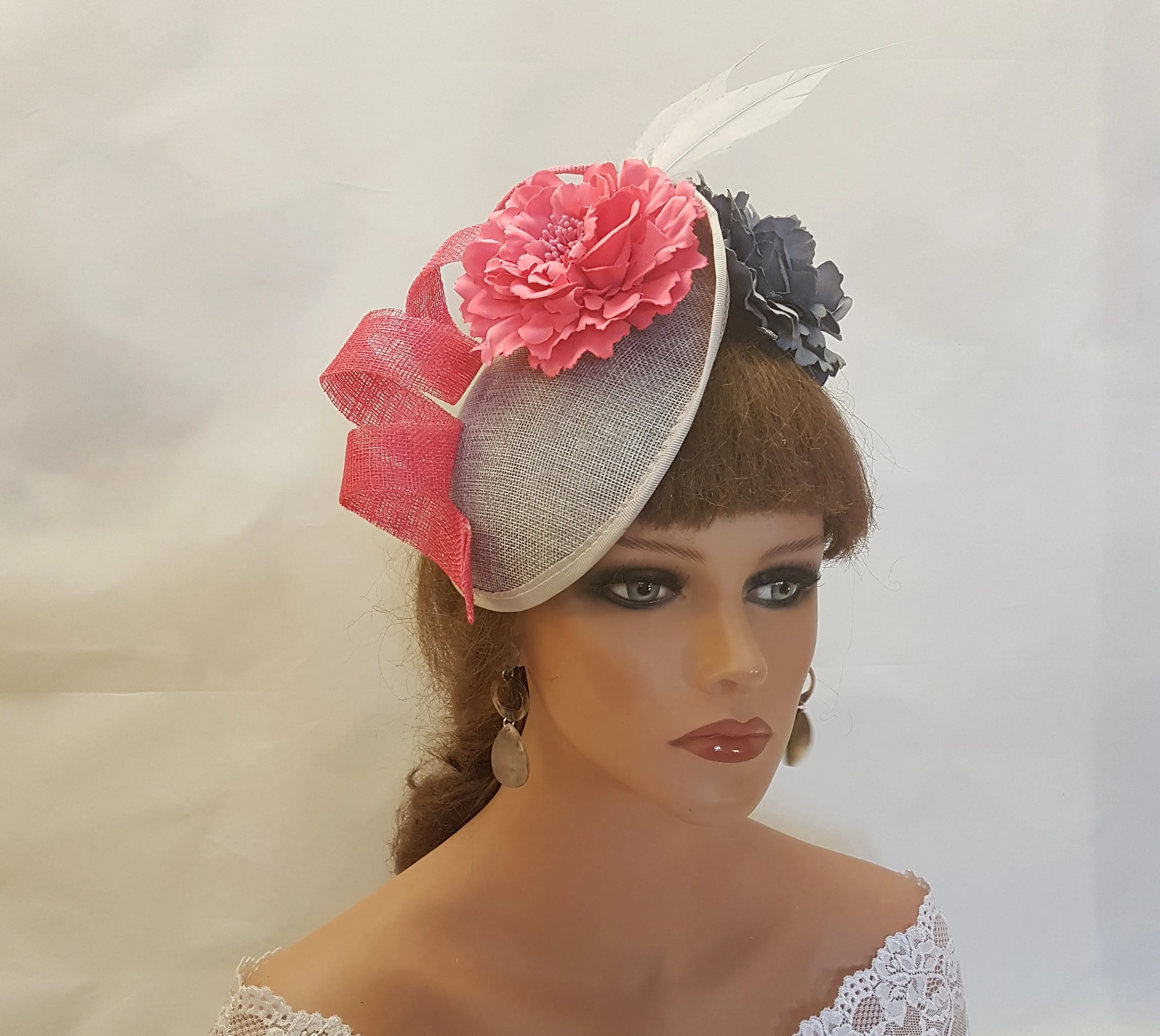 GREY & PINK Hat FASCINATOR  with Feathers, Grey and Pink flowers Wedding,Mother of bride an Groom Derby,Ascot Cocktail Ladies hat fascinator