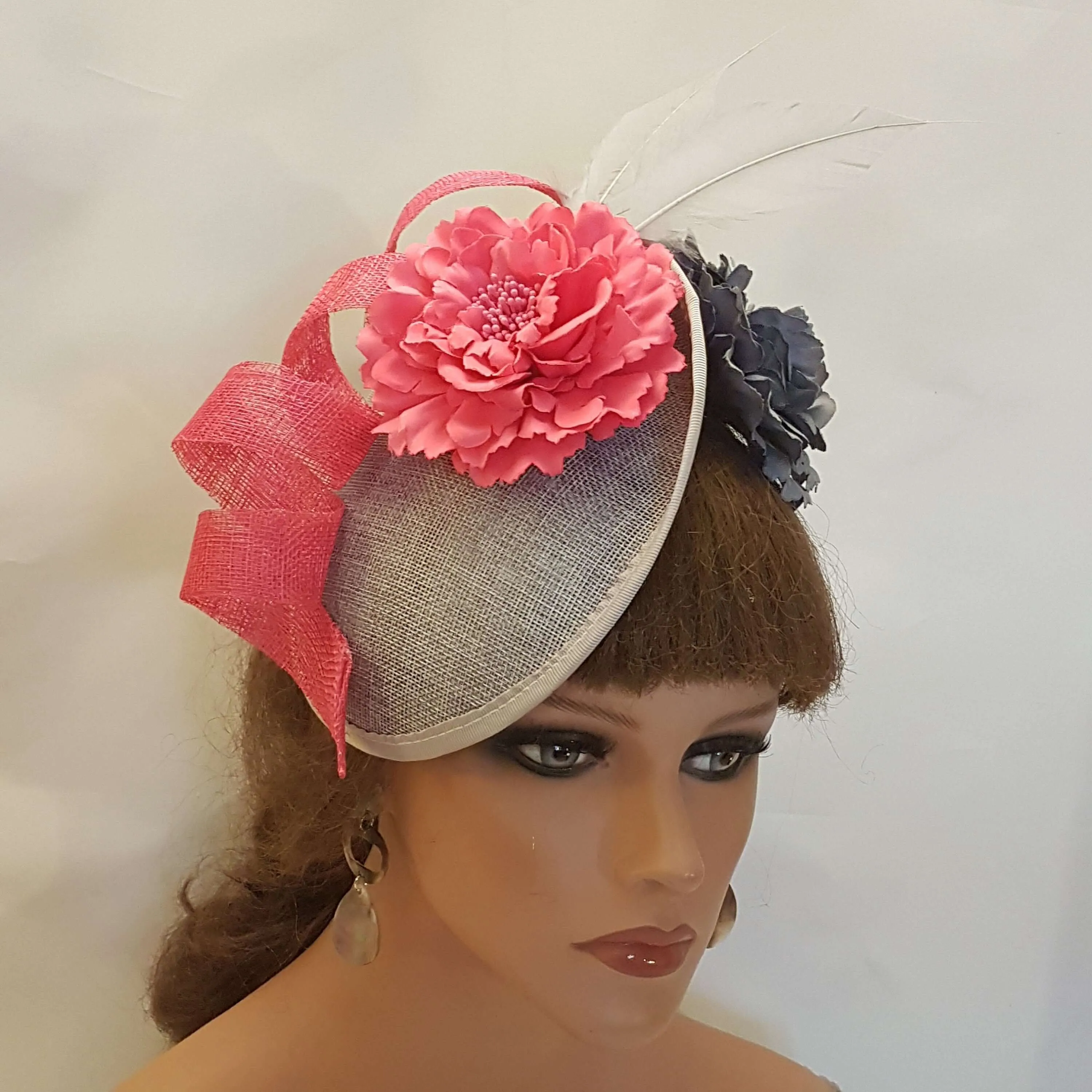 GREY & PINK Hat FASCINATOR  with Feathers, Grey and Pink flowers Wedding,Mother of bride an Groom Derby,Ascot Cocktail Ladies hat fascinator