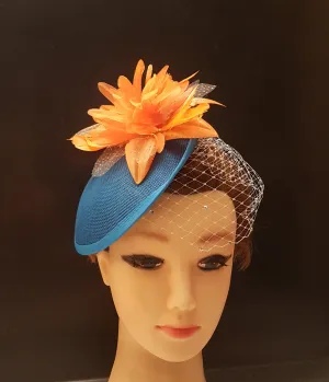 Hat fascinator Teal blue & Orange Hat, Blue Fascinator hat veil fascinator Race Cocktail hat Ascot Hat, Cocktail hat, wedding Race headpiece