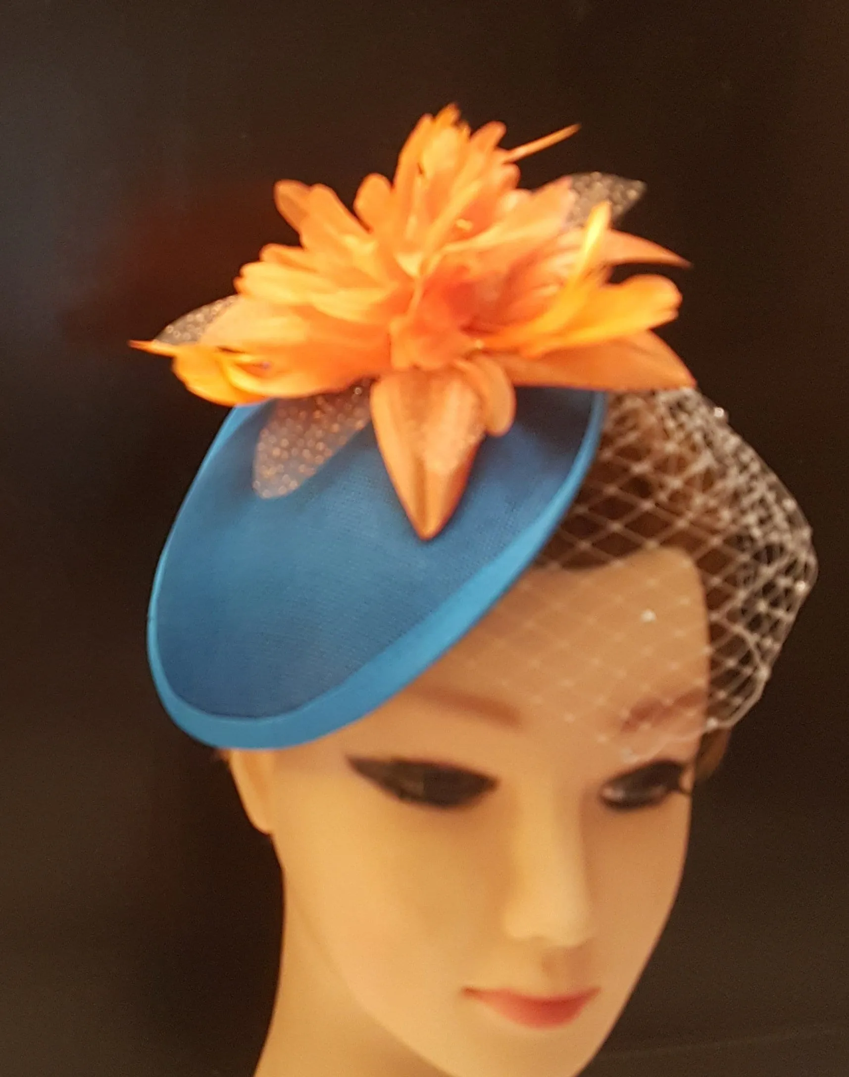 Hat fascinator Teal blue & Orange Hat, Blue Fascinator hat veil fascinator Race Cocktail hat Ascot Hat, Cocktail hat, wedding Race headpiece