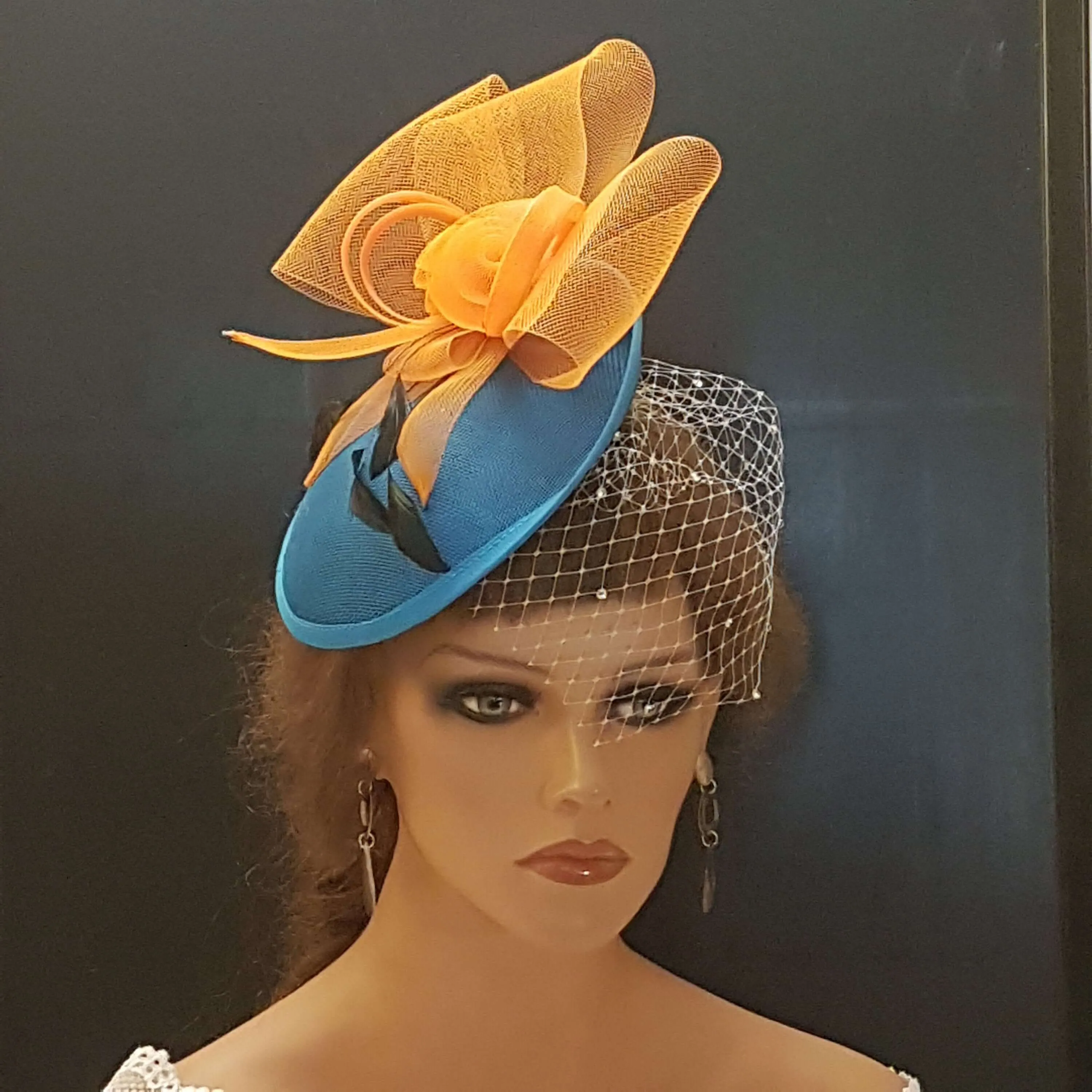 Hat fascinator Teal blue & Orange Hat, Blue Fascinator hat veil fascinator Race Cocktail hat Ascot Hat, Cocktail hat, wedding Race headpiece