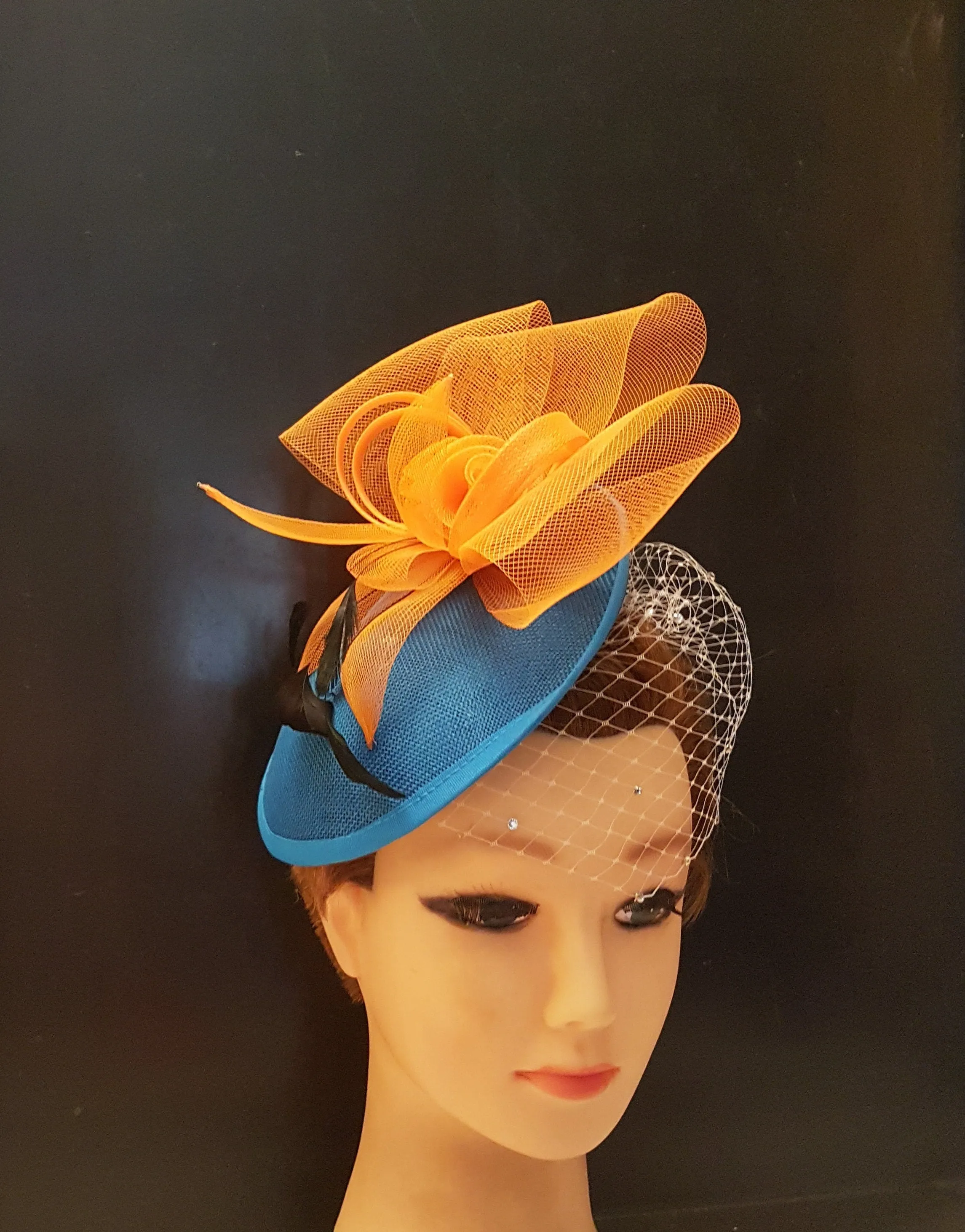 Hat fascinator Teal blue & Orange Hat, Blue Fascinator hat veil fascinator Race Cocktail hat Ascot Hat, Cocktail hat, wedding Race headpiece