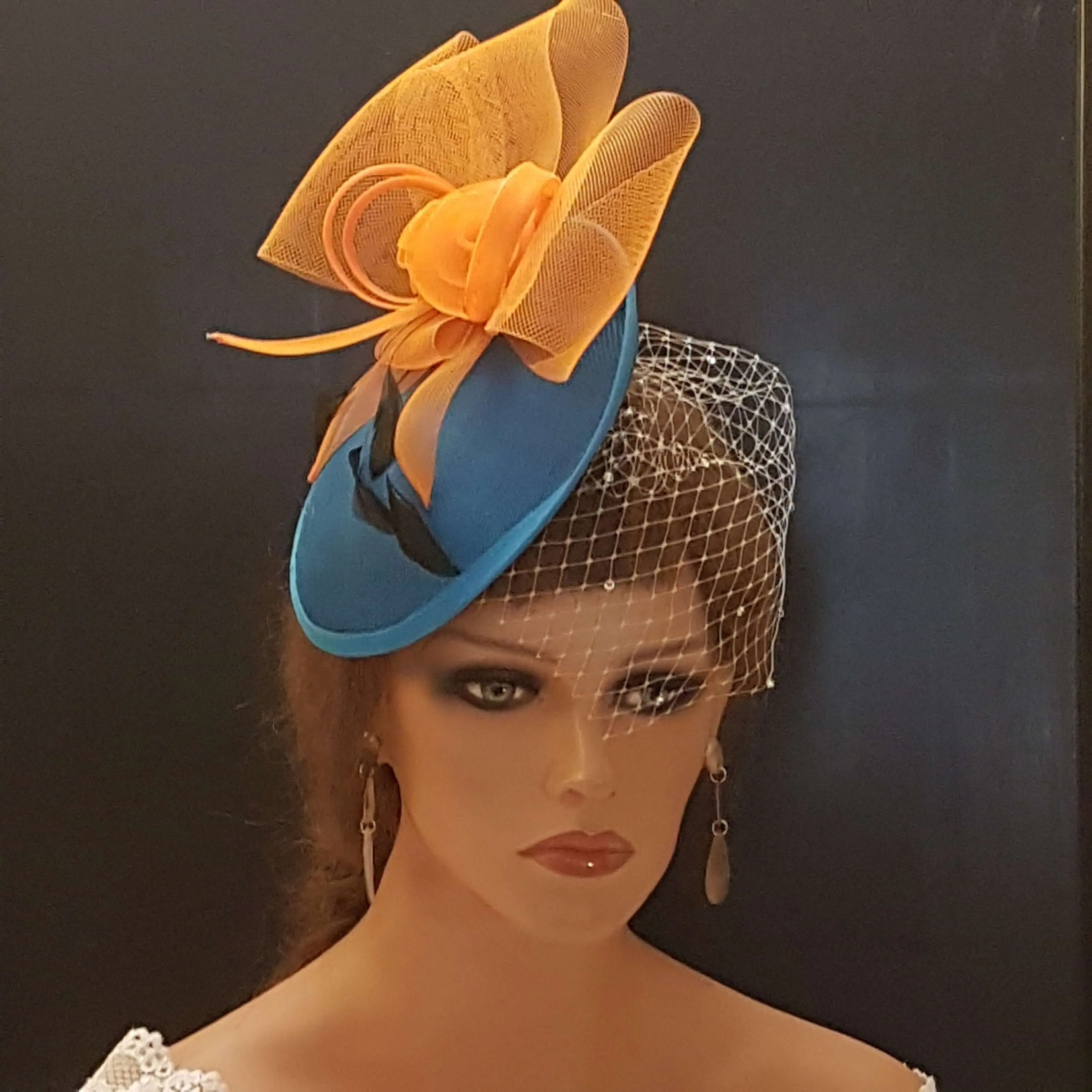 Hat fascinator Teal blue & Orange Hat, Blue Fascinator hat veil fascinator Race Cocktail hat Ascot Hat, Cocktail hat, wedding Race headpiece