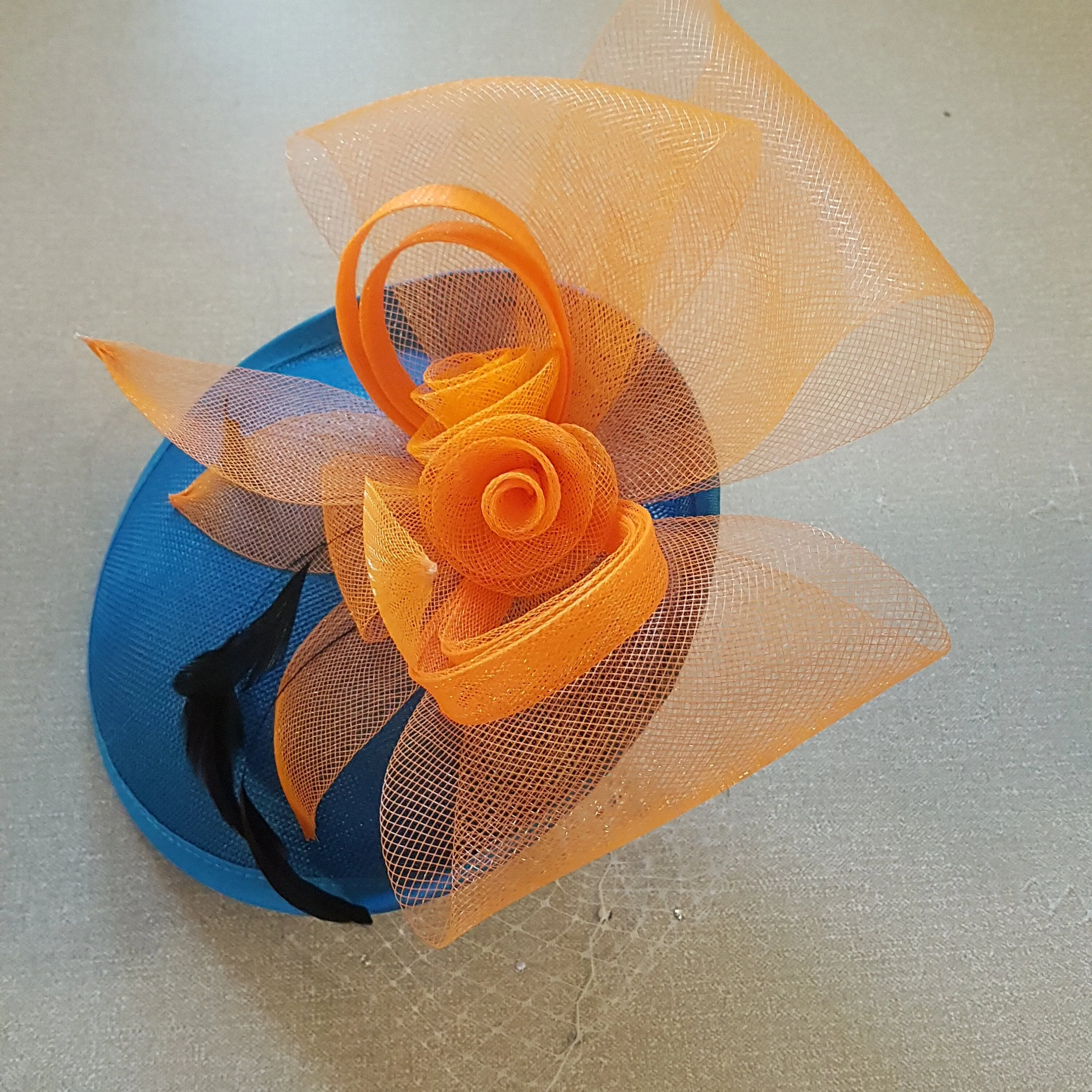 Hat fascinator Teal blue & Orange Hat, Blue Fascinator hat veil fascinator Race Cocktail hat Ascot Hat, Cocktail hat, wedding Race headpiece