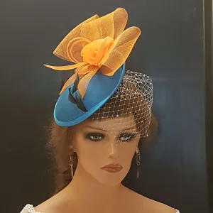 Hat fascinator Teal blue & Orange Hat, Blue Fascinator hat veil fascinator Race Cocktail hat Ascot Hat, Cocktail hat, wedding Race headpiece