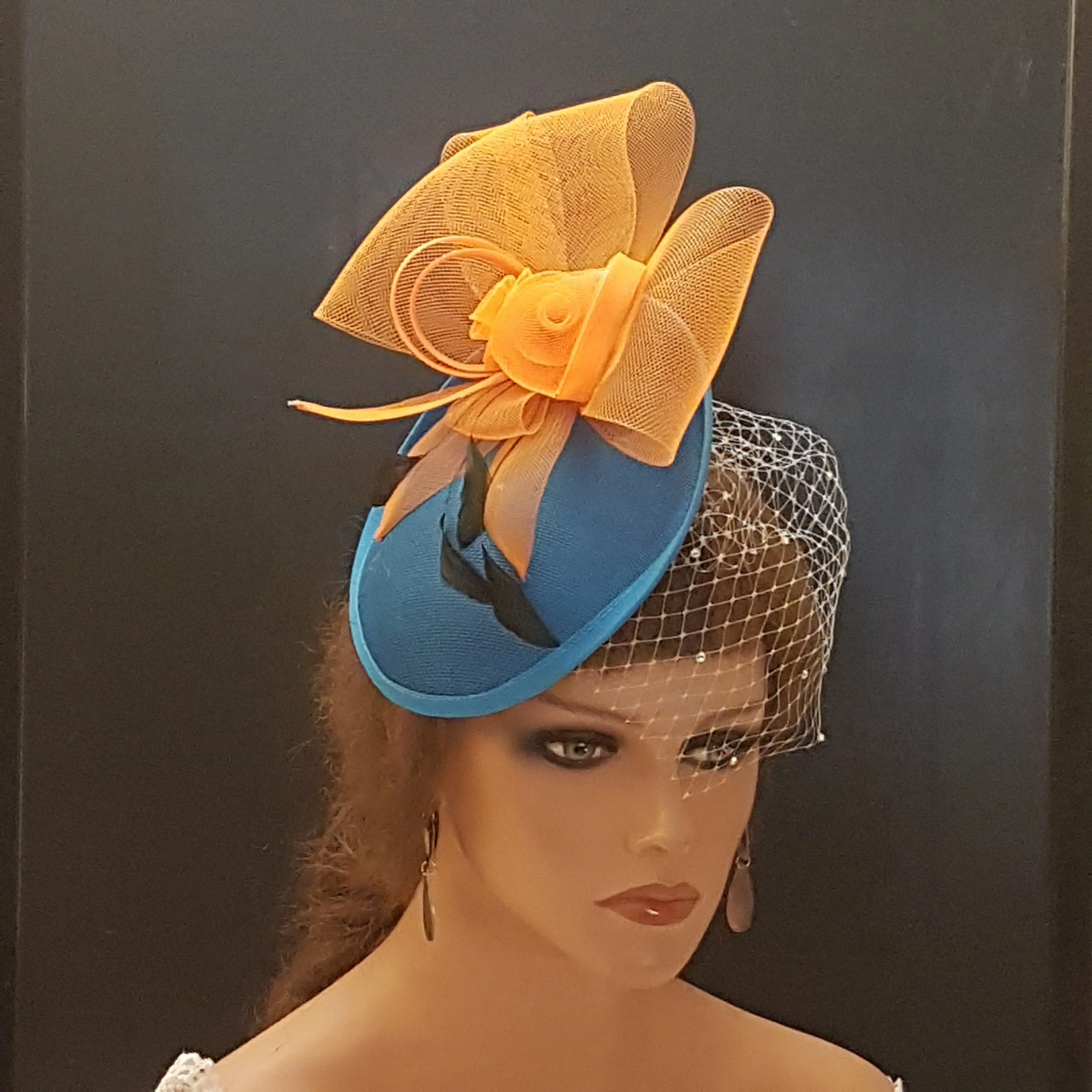 Hat fascinator Teal blue & Orange Hat, Blue Fascinator hat veil fascinator Race Cocktail hat Ascot Hat, Cocktail hat, wedding Race headpiece