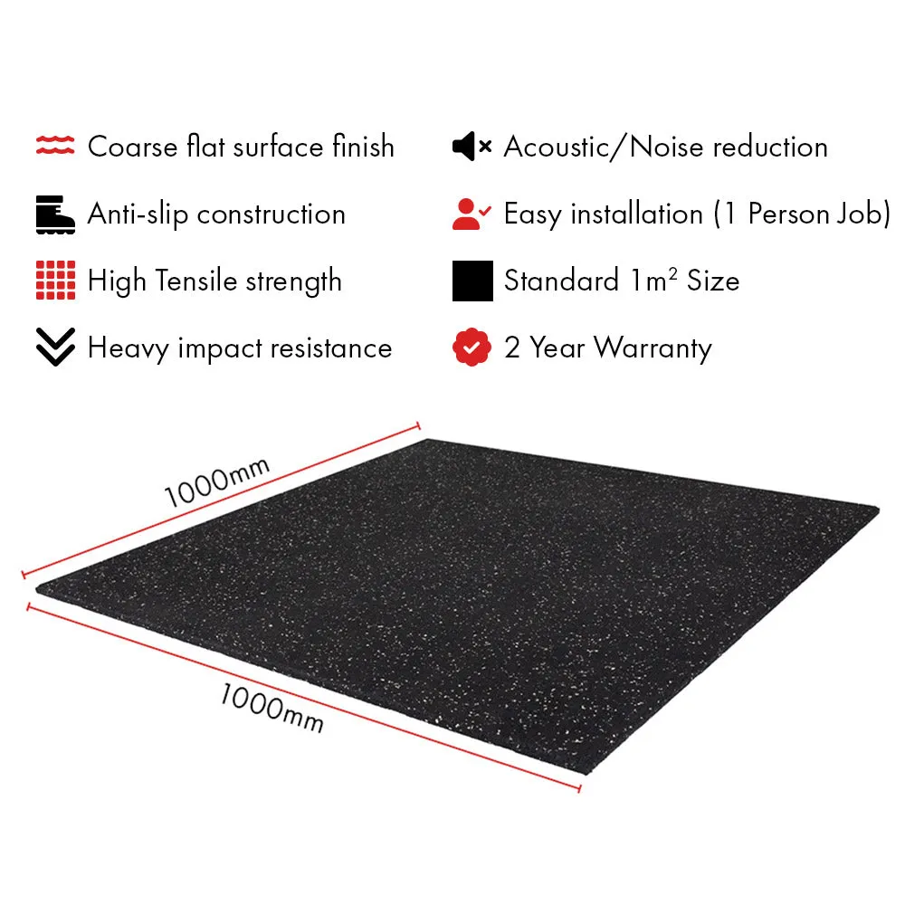 Hit Fitness Rubber Tile Black | 1m x 1m x 15mm | White Fleck