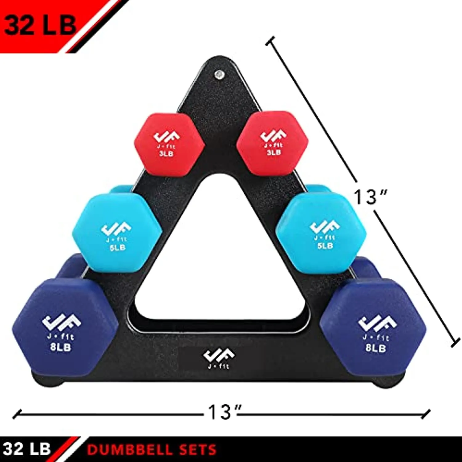JFIT Dumbbell Hand Weight Pairs and Sets – 10 Vinyl Dumbbell Pairs Options or 7 Neoprene Dumbbell Rack Set Options – Premium Non-Slip, Color Coded Hex Shaped Hand Weights