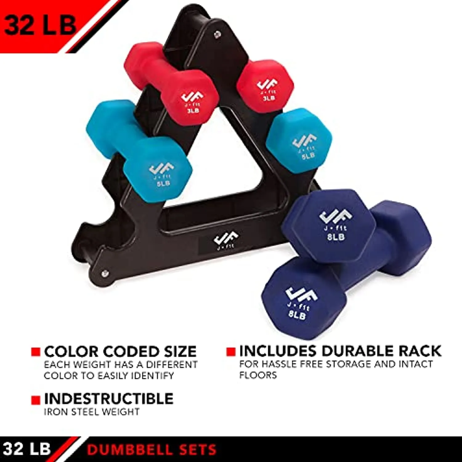 JFIT Dumbbell Hand Weight Pairs and Sets – 10 Vinyl Dumbbell Pairs Options or 7 Neoprene Dumbbell Rack Set Options – Premium Non-Slip, Color Coded Hex Shaped Hand Weights
