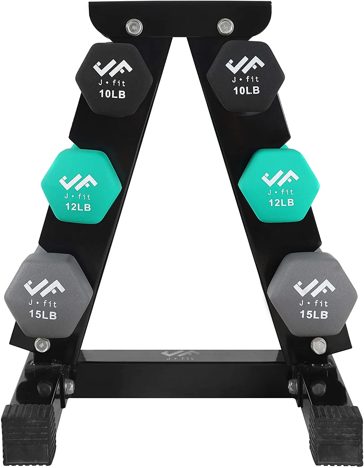 JFIT Dumbbell Hand Weight Pairs and Sets – 10 Vinyl Dumbbell Pairs Options or 7 Neoprene Dumbbell Rack Set Options – Premium Non-Slip, Color Coded Hex Shaped Hand Weights