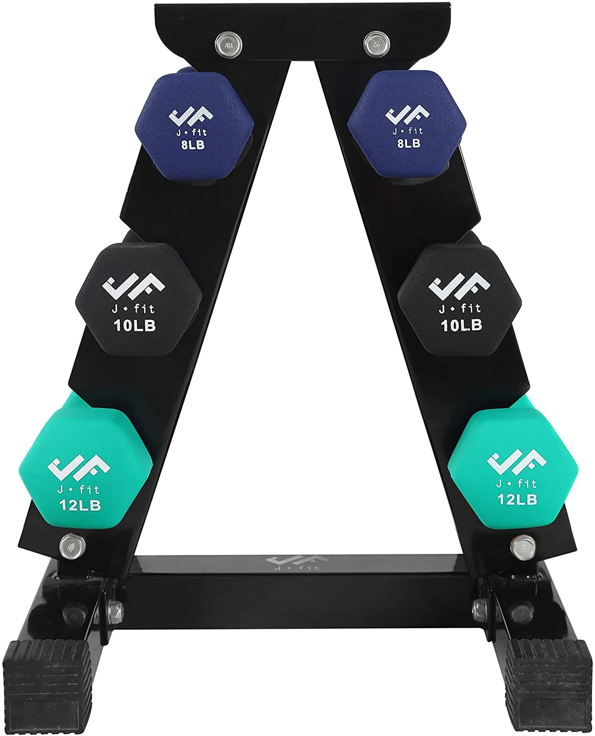 JFIT Dumbbell Hand Weight Pairs and Sets – 10 Vinyl Dumbbell Pairs Options or 7 Neoprene Dumbbell Rack Set Options – Premium Non-Slip, Color Coded Hex Shaped Hand Weights