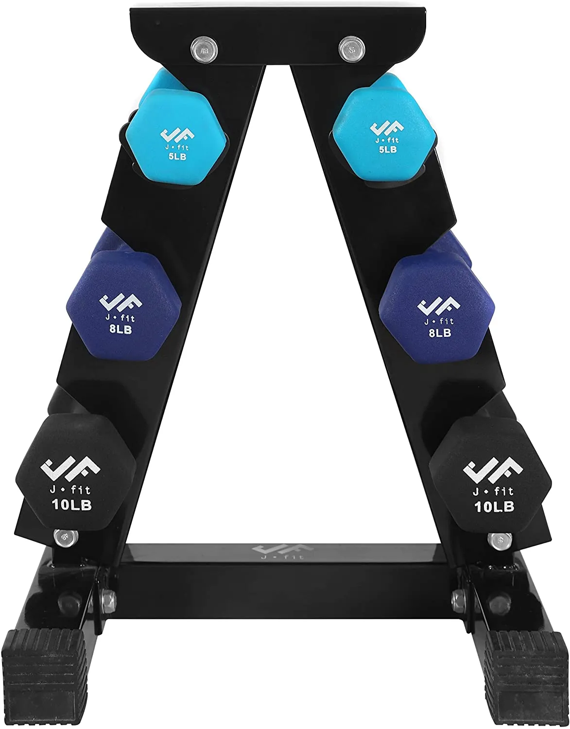 JFIT Dumbbell Hand Weight Pairs and Sets – 10 Vinyl Dumbbell Pairs Options or 7 Neoprene Dumbbell Rack Set Options – Premium Non-Slip, Color Coded Hex Shaped Hand Weights