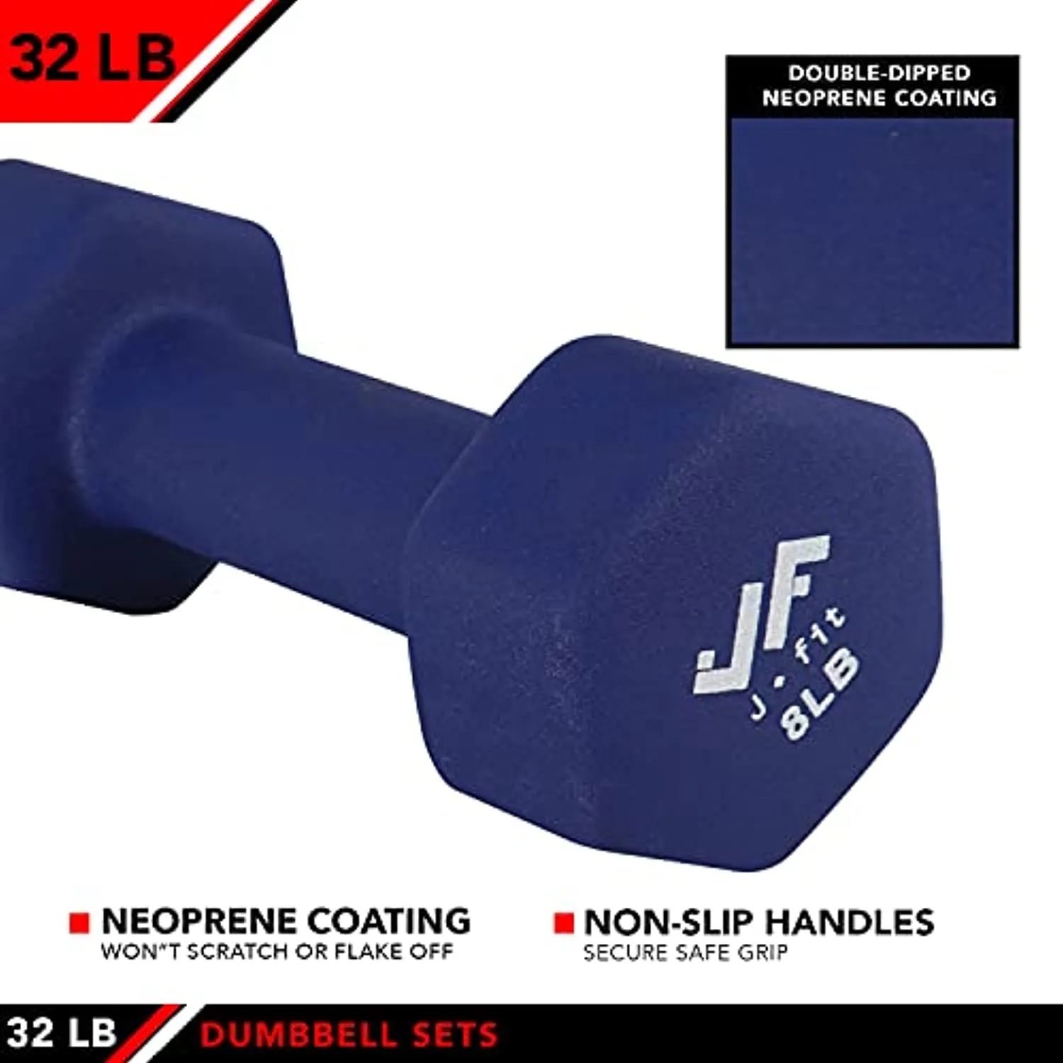 JFIT Dumbbell Hand Weight Pairs and Sets – 10 Vinyl Dumbbell Pairs Options or 7 Neoprene Dumbbell Rack Set Options – Premium Non-Slip, Color Coded Hex Shaped Hand Weights