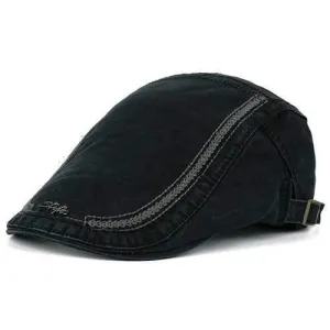 Metal Letters Embellished Stripe Embroidery Newsboy Hat - Black