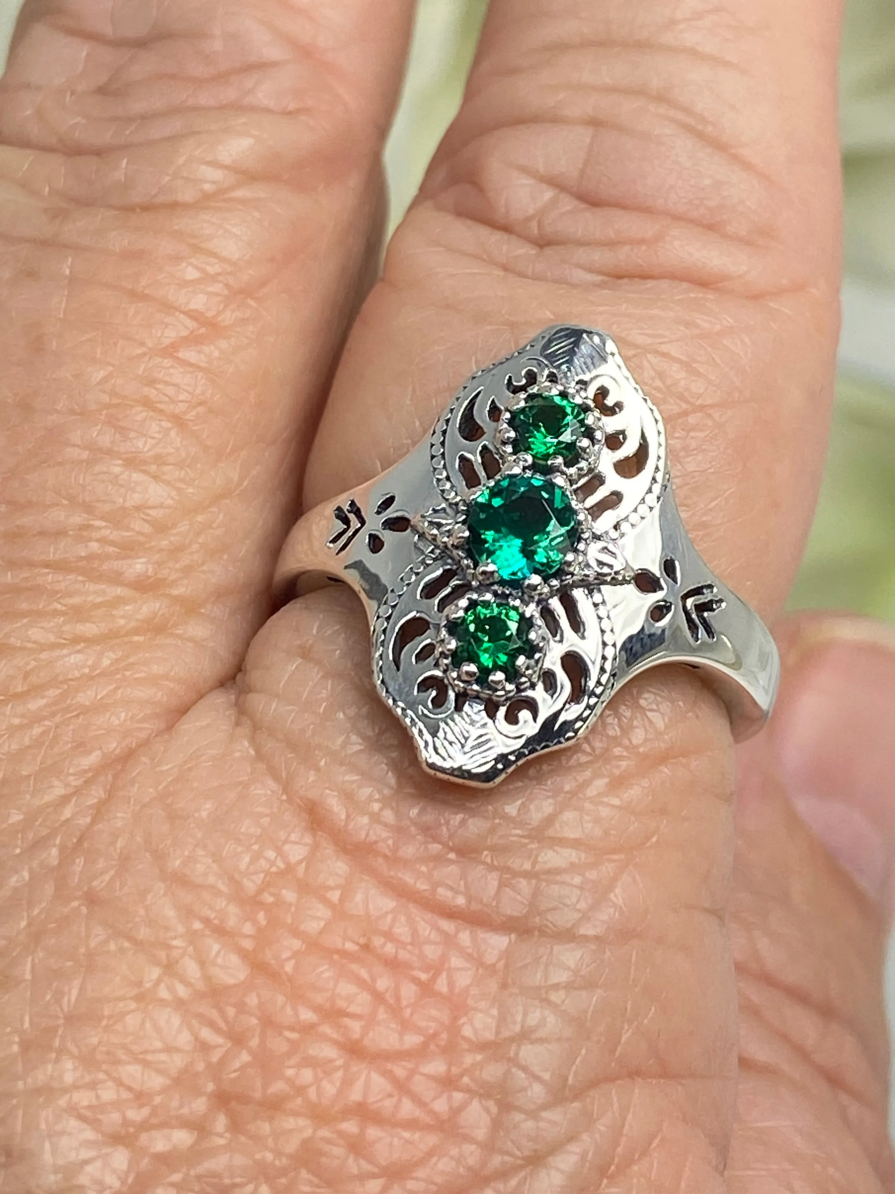 Natural Emerald Ring, Size 9, Spider Gatsby, Sterling Silver Vintage Jewelry D172 - Ready to Ship
