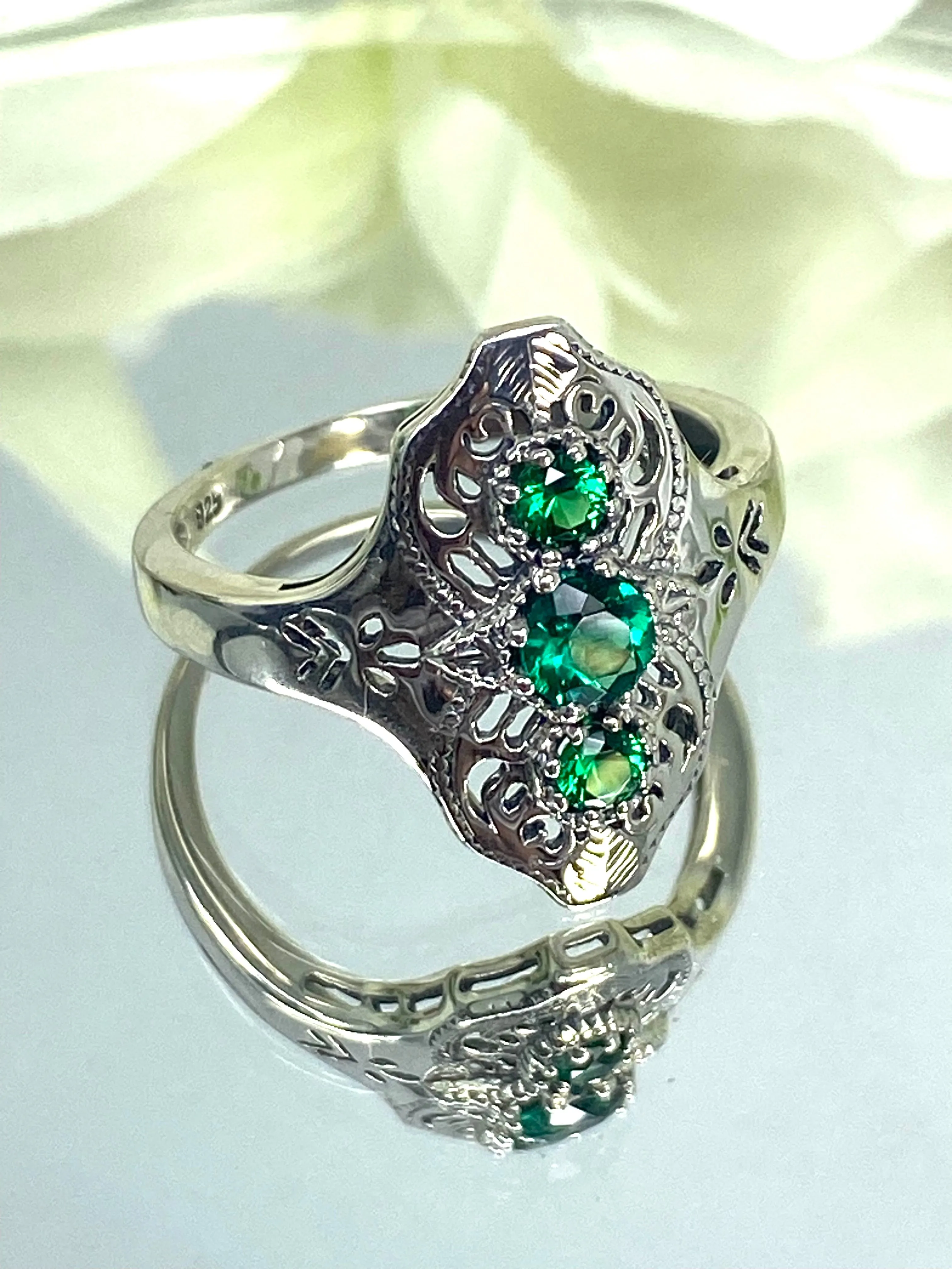 Natural Emerald Ring, Size 9, Spider Gatsby, Sterling Silver Vintage Jewelry D172 - Ready to Ship