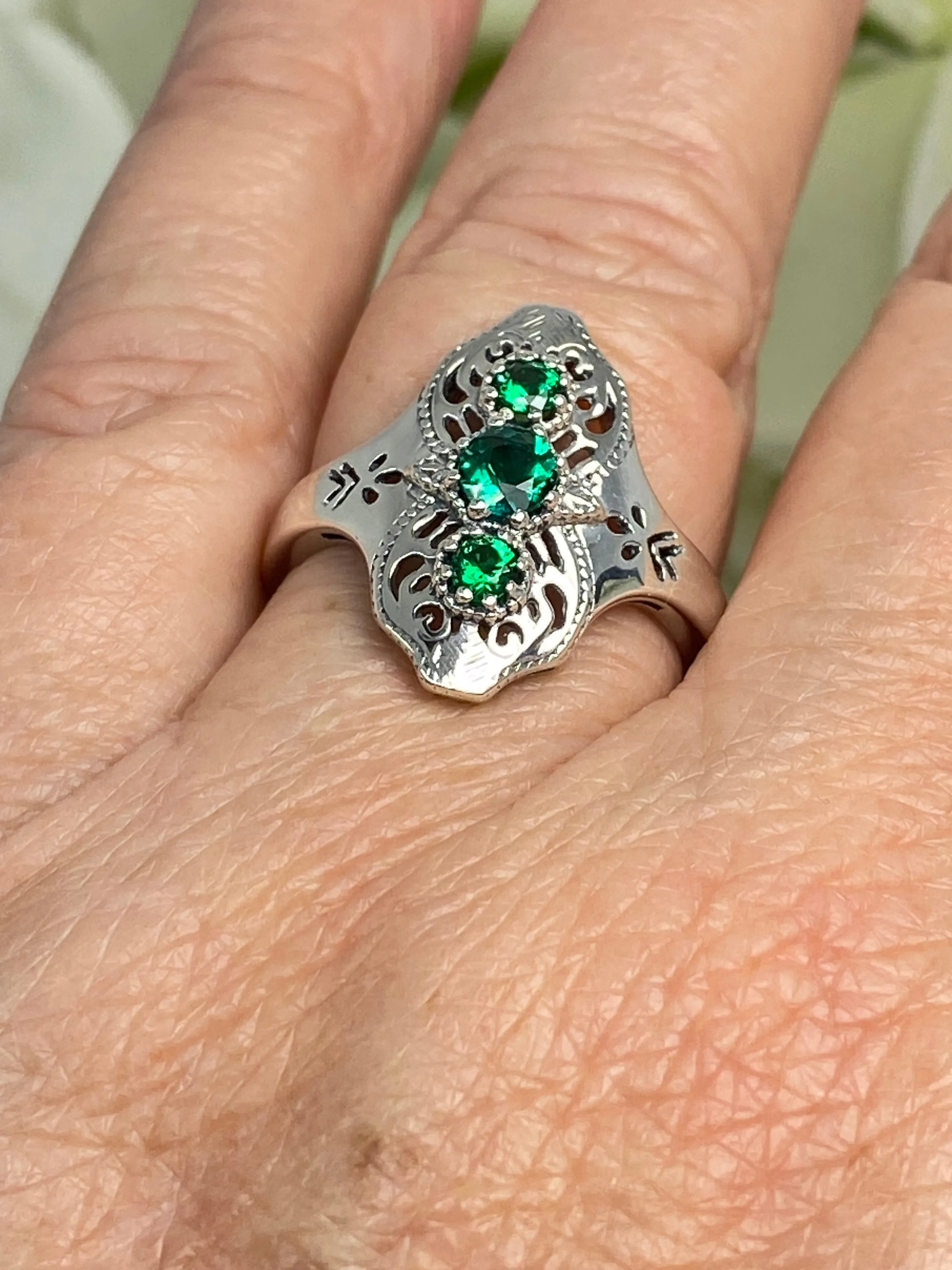 Natural Emerald Ring, Size 9, Spider Gatsby, Sterling Silver Vintage Jewelry D172 - Ready to Ship