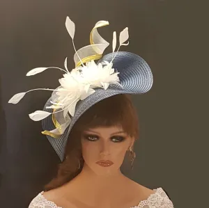 NAVY & WHITE Fascinator hat Silver or Gold Swril Floral Hatinator Wedding,Race,Ladies Day, Womens hat,Mother of the bride-Groom hat fascinator