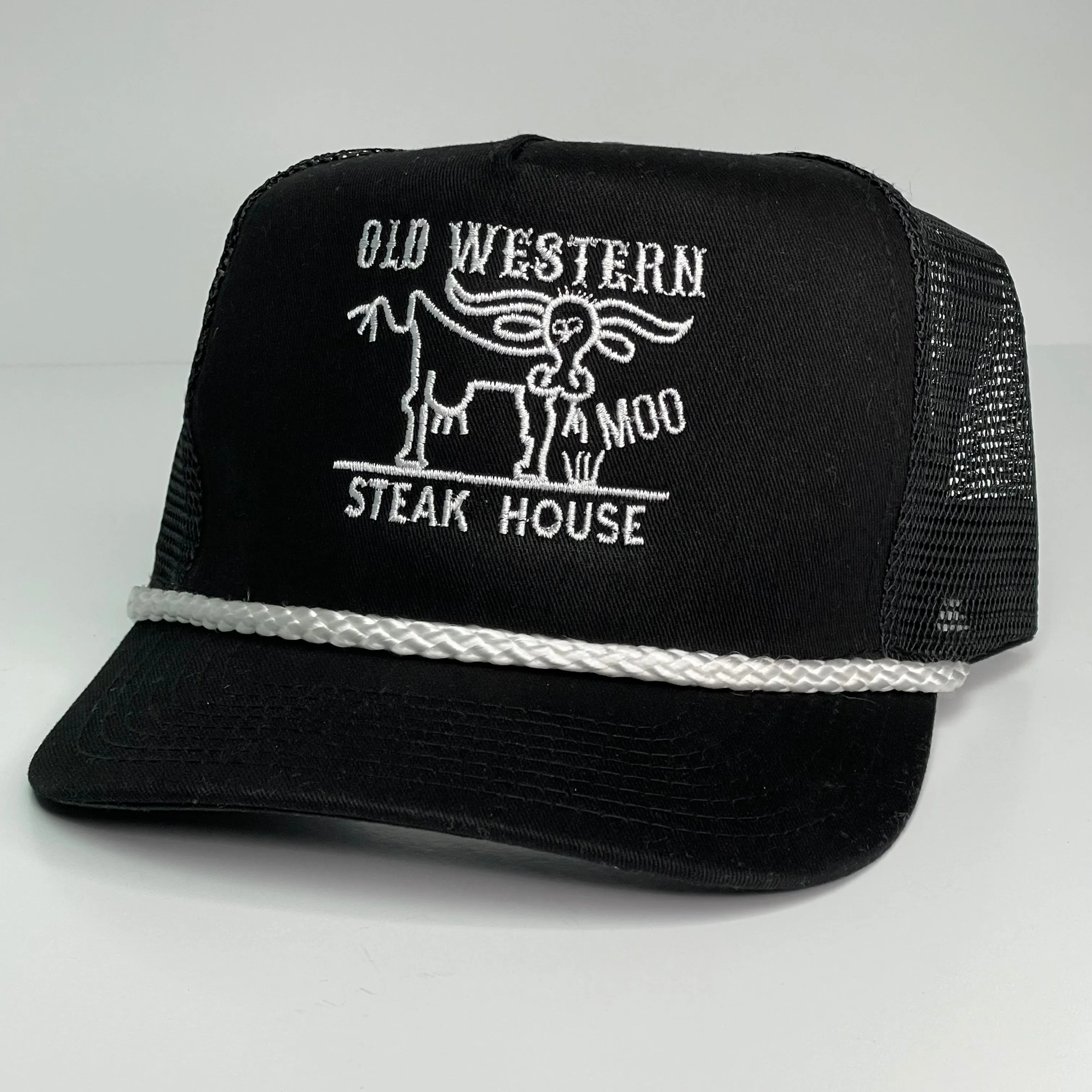 OLD WESTERN STEAK HOUSE Black Mesh Tall Crown Snapback Trucker Rope Cap Hat Custom Embroidery