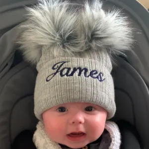 Personalised Two Pom Baby Hat - Grey Double Fur Pom