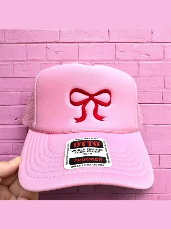 Pink/Red Embroidered Bow Trucker Hat