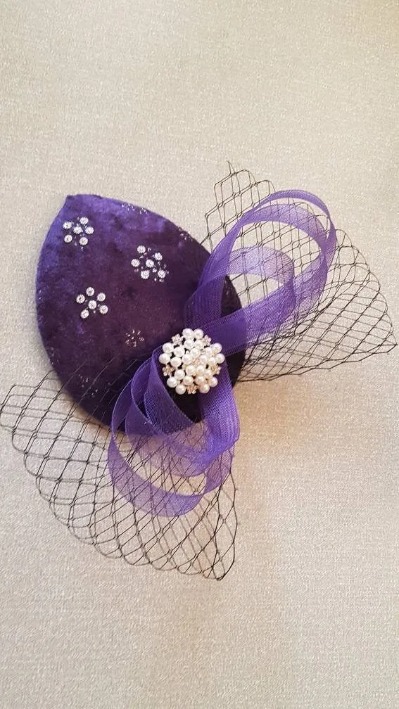 PURPLE Fascinator, Purple Velvet FASCINATOR Hat with mini veil hat, Race,Cocktail,Ascot,Cocktail fascinator hat,Wedding headpiece,Hatinator
