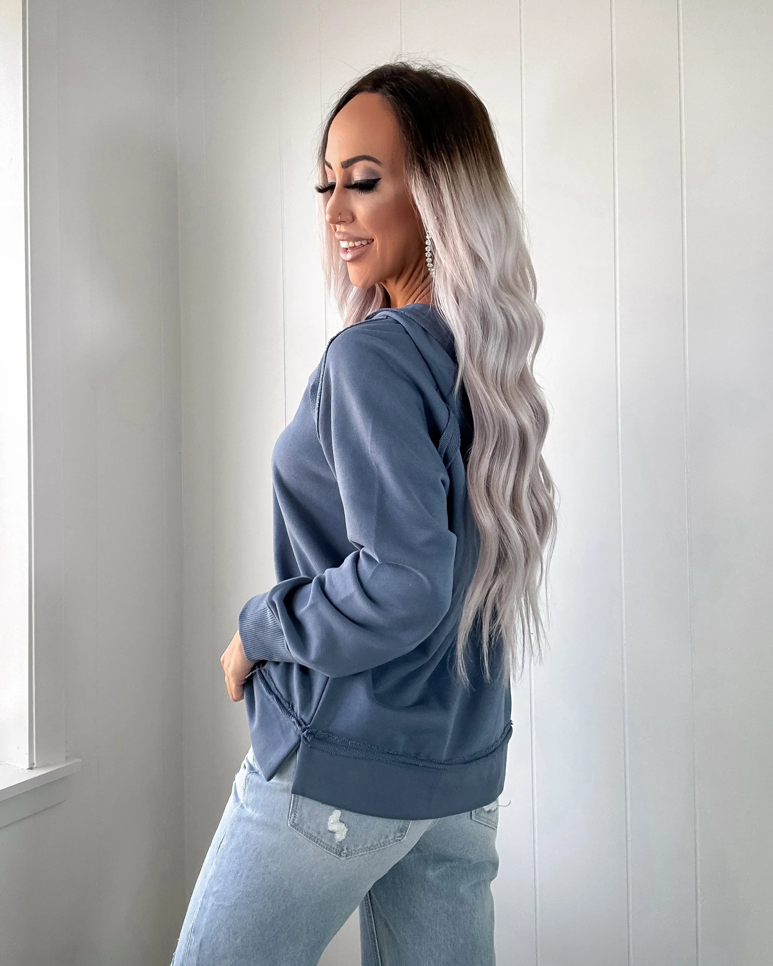 Raw Charm Long Sleeve Knit Top - Dusty Blue