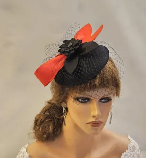 RED & BLACK Fascinator Hat Red birdcage Veil hat with Black,Red felt bow Ascot hat fascinator Wedding Race,Cocktail,Autumn/Winter Fascinator