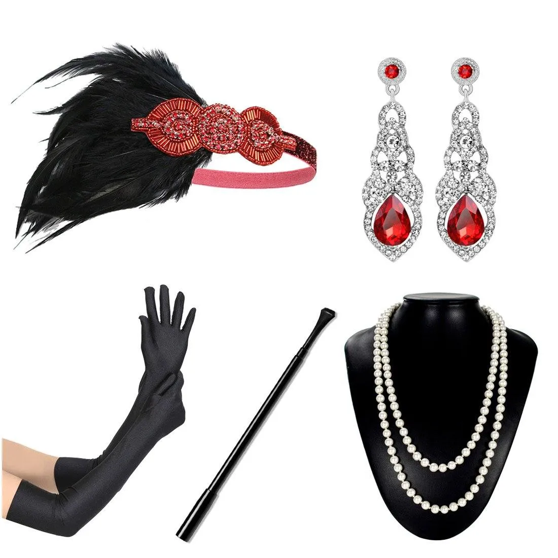 Red Flapper Costume Accessories Kit Set of 5