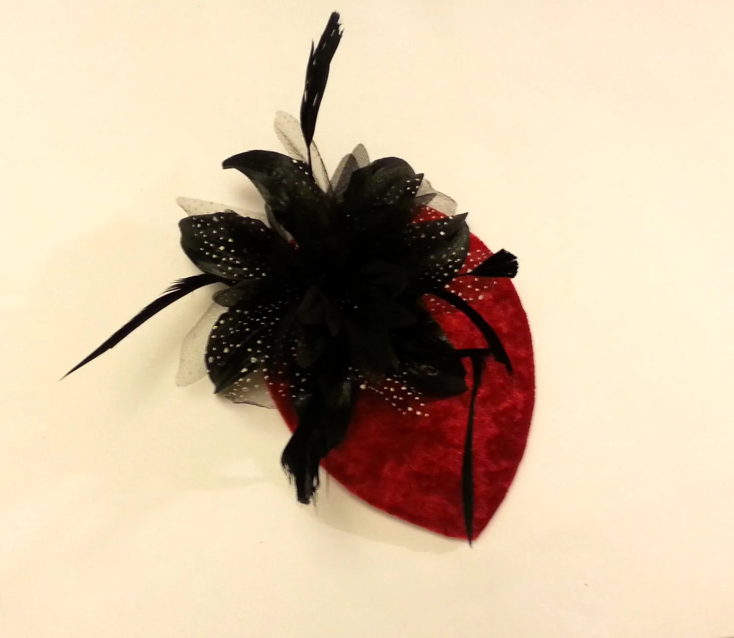 RED HAT FASCINATOR Small Red Velvet Teardrop Hat Feather fascinator