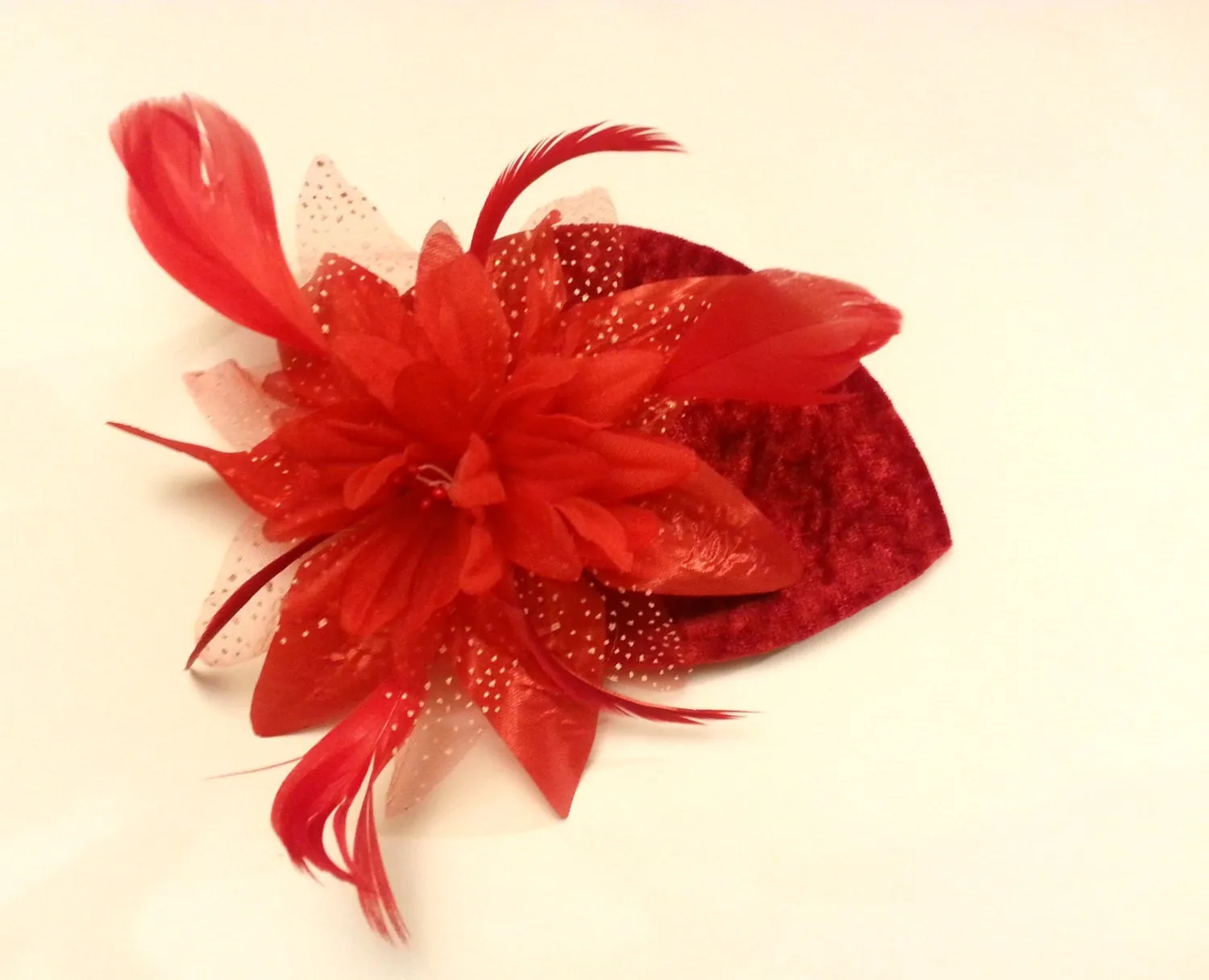 RED HAT FASCINATOR Small Red Velvet Teardrop Hat Feather fascinator