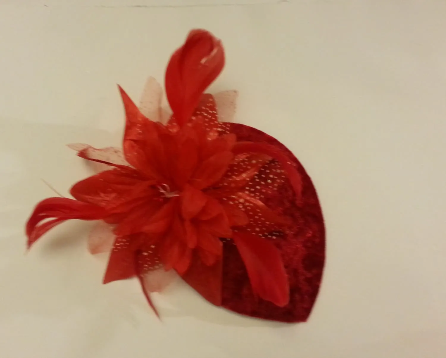 RED HAT FASCINATOR Small Red Velvet Teardrop Hat Feather fascinator