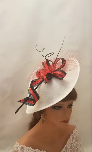 RED& WHITE HAT Fascinator  Long Quill Feather Large teardrop hatinator,Mother of bride/Groom hat,Kentecky derby,Royal Ascot Hat Fascinator