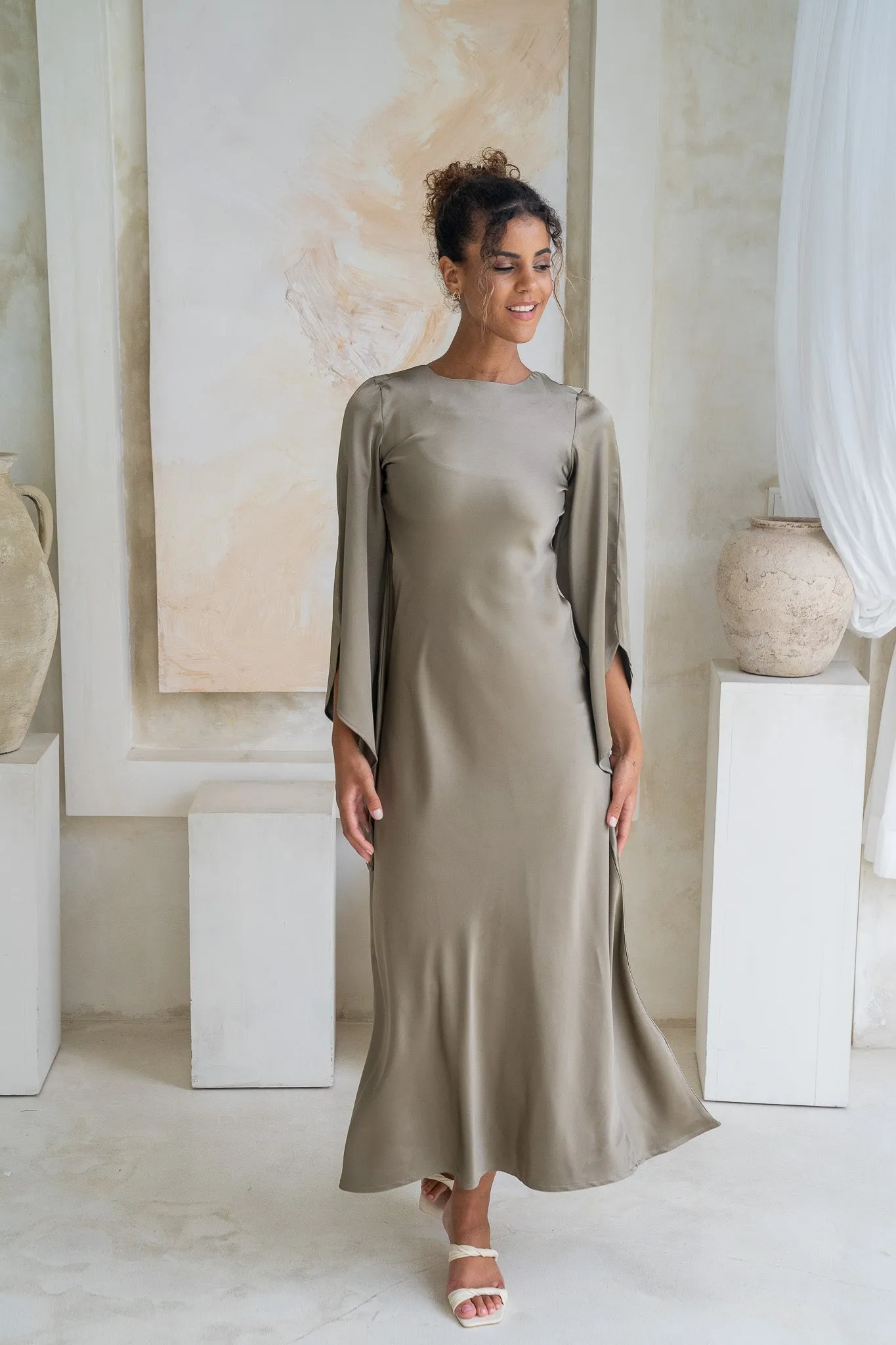 Sandstone Flare & Flow Satin Maxi Dress