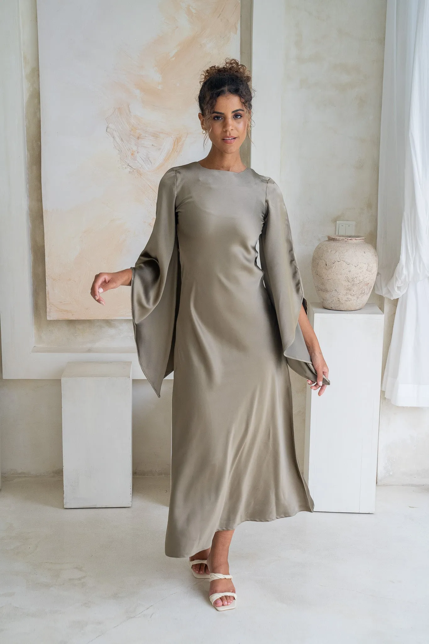 Sandstone Flare & Flow Satin Maxi Dress