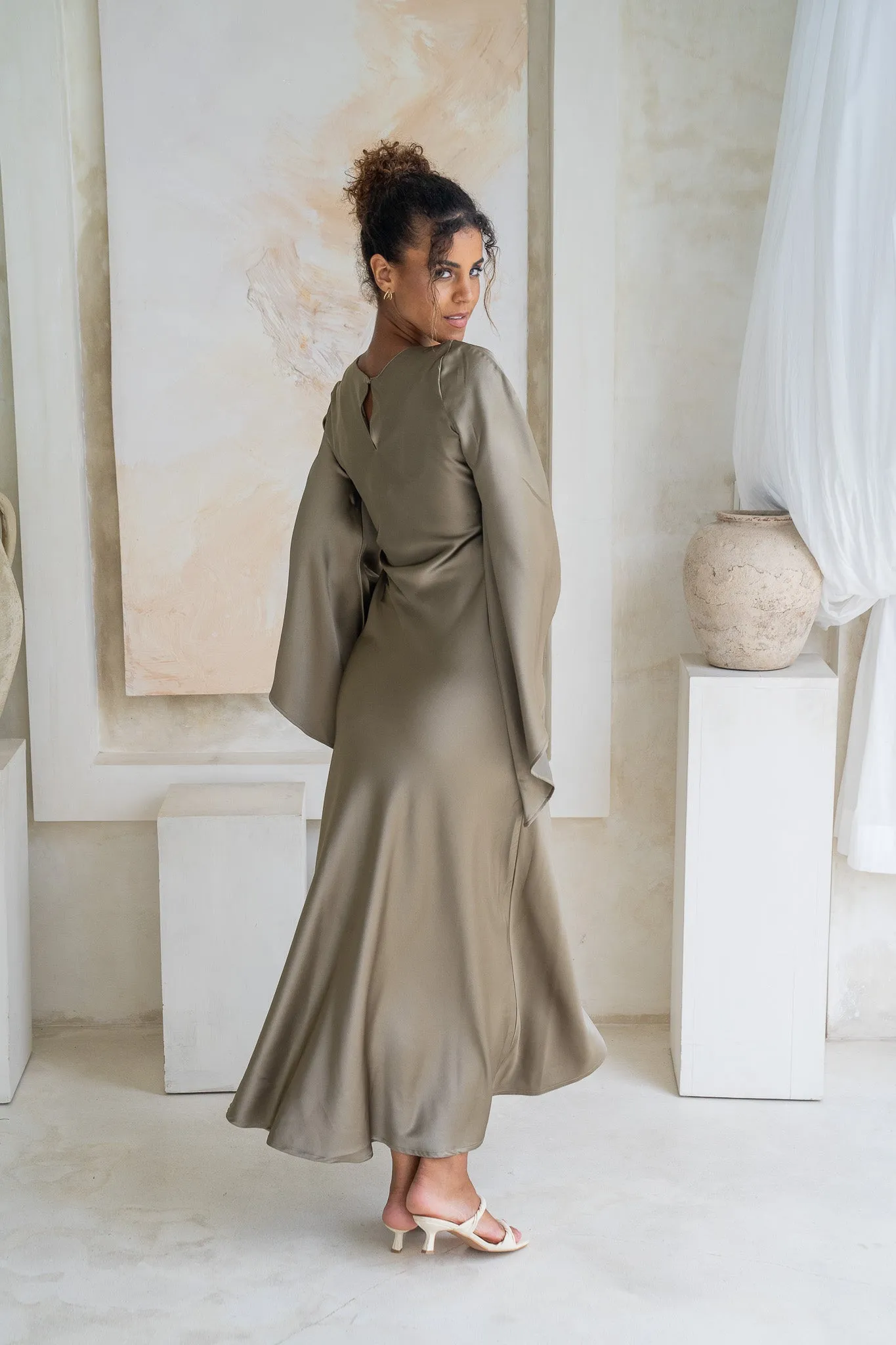 Sandstone Flare & Flow Satin Maxi Dress