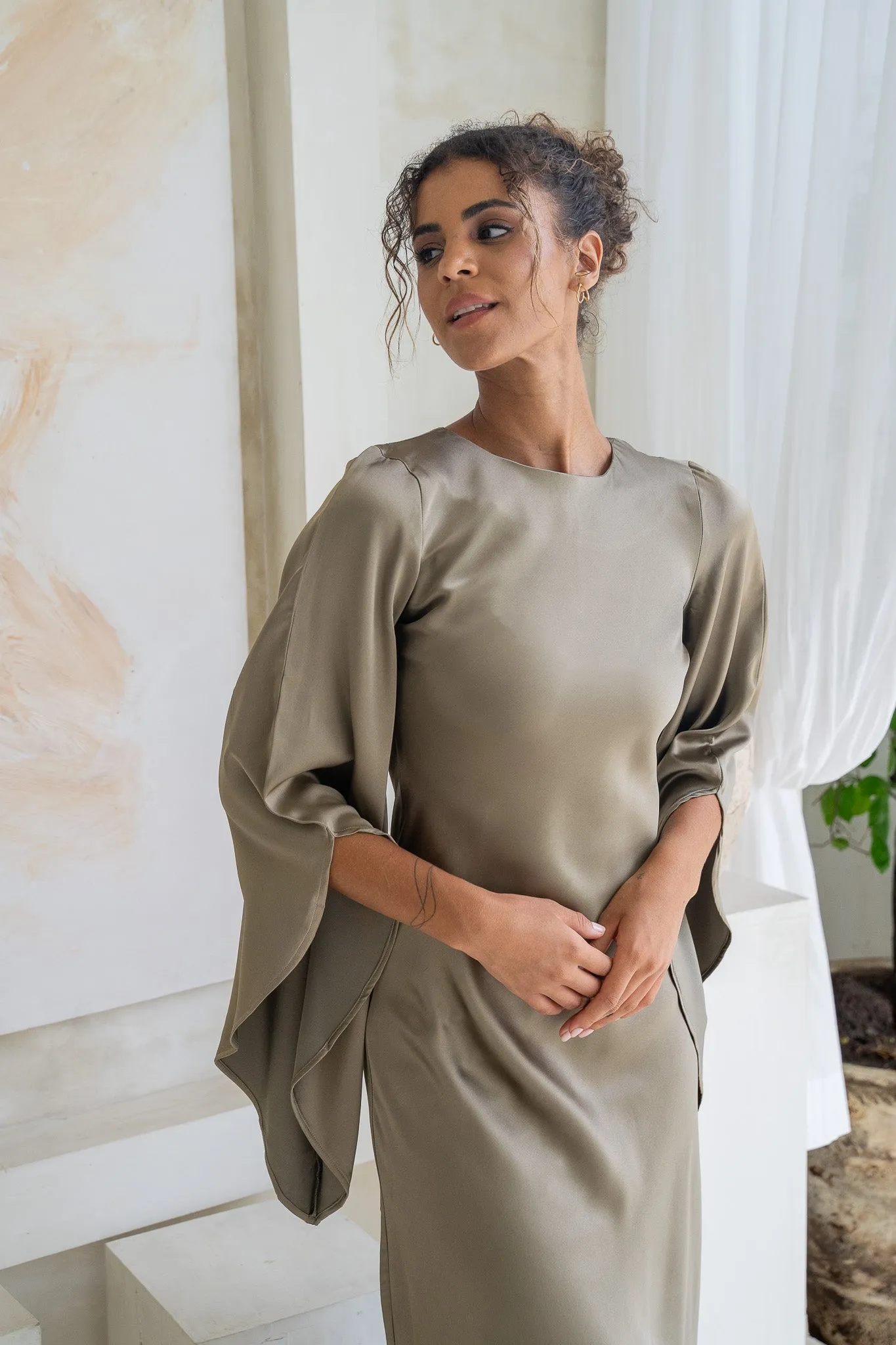Sandstone Flare & Flow Satin Maxi Dress