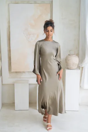 Sandstone Flare & Flow Satin Maxi Dress